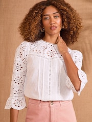 Love & Roses White Ecru Broderie 3/4 Sleeve Crew Neck 100% Cotton Blouse - Image 1 of 4