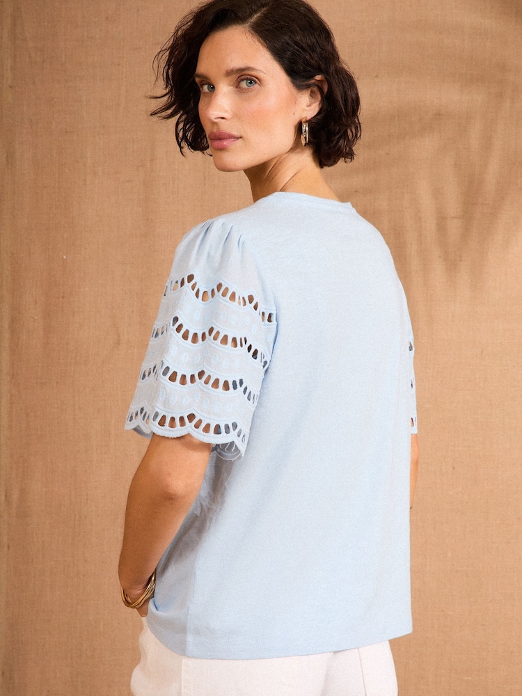 Love & Roses Light Blue Scallop Crew Neck 100% Cotton T-Shirt - Image 4 of 4