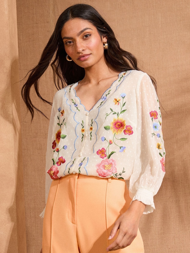 Bluză cu detaliu festonat și broderie Love & Roses Mânecă lungă - Imaginea 1 din 5