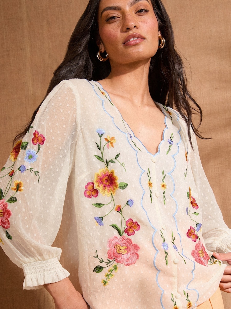 Bluză cu detaliu festonat și broderie Love & Roses Mânecă lungă - Imaginea 5 din 5