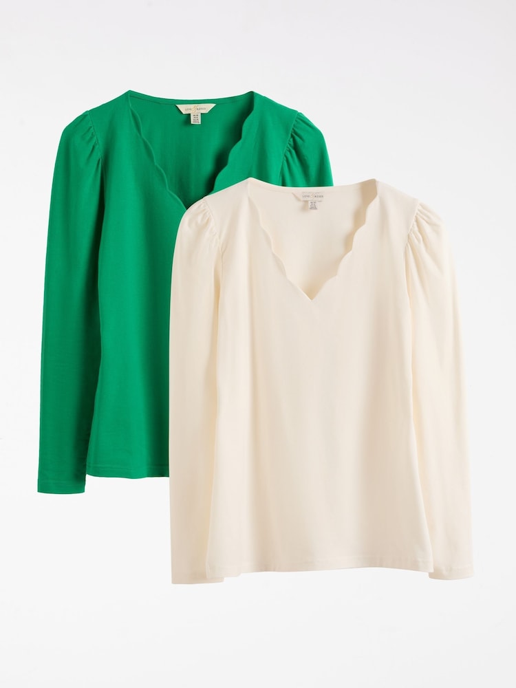 Love & Roses Green and Ivory X2 Scallop Neck Jersey Long Sleeve Top - Image 1 of 7