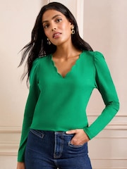 Love & Roses Green and Ivory X2 Scallop Neck Jersey Long Sleeve Top - Image 3 of 7