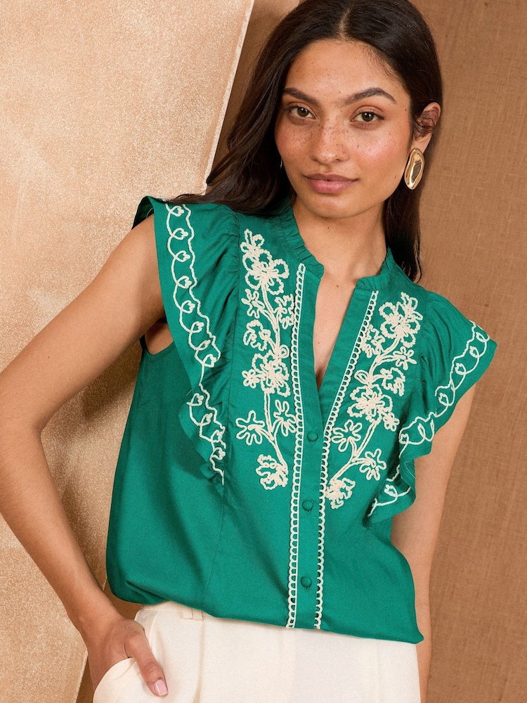 Love & Roses Green Print Flutter Sleeve Printed V-Neck Blouse - Image 1 of 4 Love & Roses Green Print Flutter Sleeve Printed V-Neck Blouse - Image 1 of 4