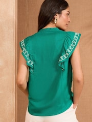 Love & Roses Green Print Flutter Sleeve Printed V-Neck Blouse - Image 3 of 4