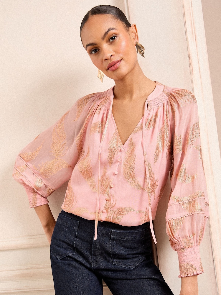 Love & Roses Blush Feather Metallic Shirred Cuff Blouse - Image 1 of 4