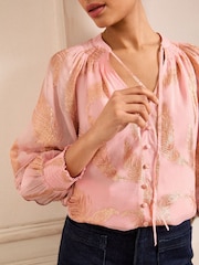 Love & Roses Blush Feather Metallic Shirred Cuff Blouse - Image 2 of 4