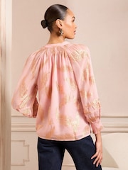 Love & Roses Blush Feather Metallic Shirred Cuff Blouse - Image 4 of 4