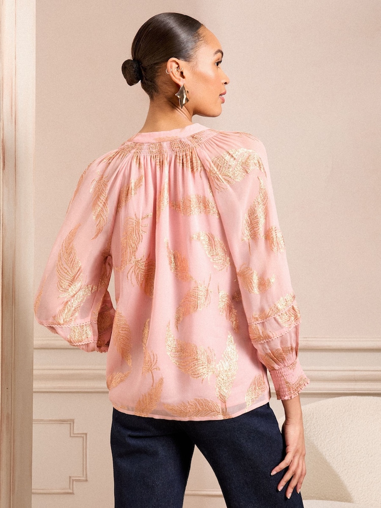 Love & Roses Blush Feather Metallic Shirred Cuff Blouse - Image 4 of 4