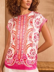 Love & Roses Pink and Orange Printed Satin Front Jersey Back Crew Neck Top - Image 2 of 5