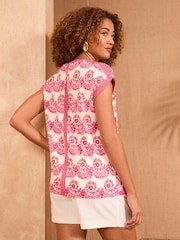 Love & Roses Pink and Orange Printed Satin Front Jersey Back Crew Neck Top - Image 5 of 5