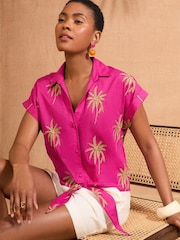 Love & Roses Pink Palm Tie Front Short Sleeve Shirt - Image 1 of 4