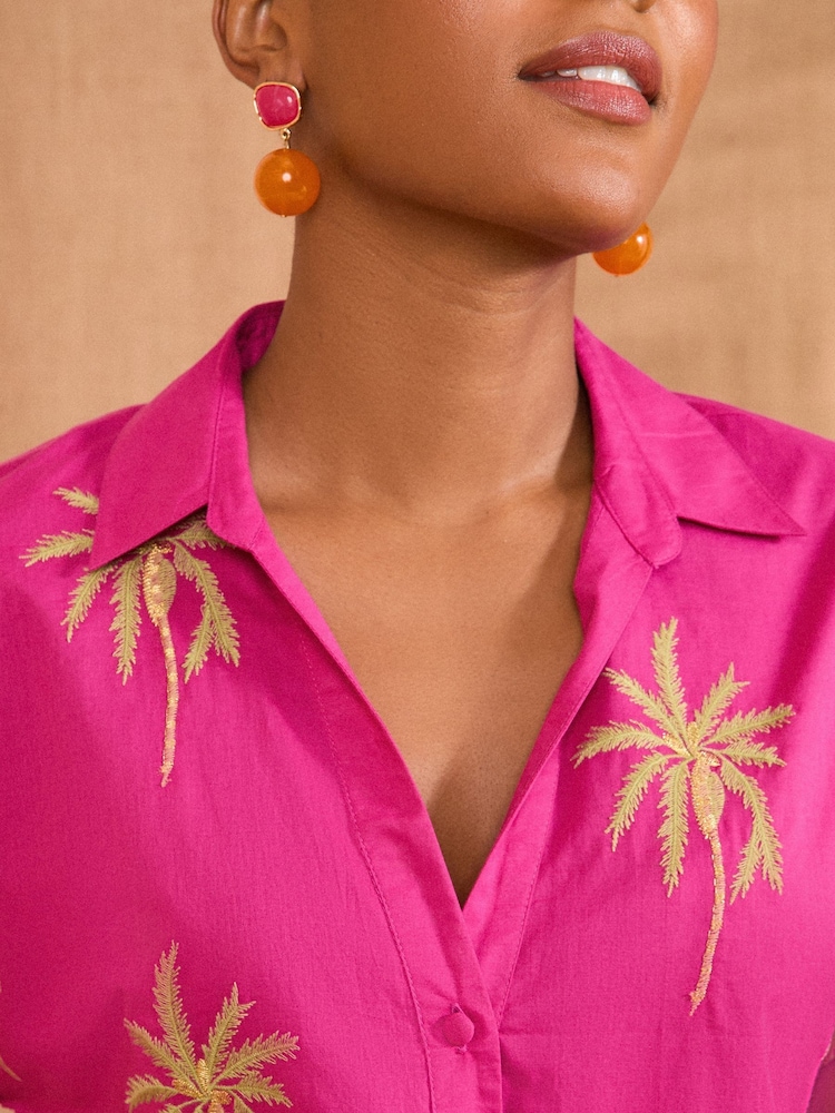Love & Roses Pink Palm Tie Front Short Sleeve Shirt - Image 2 of 4