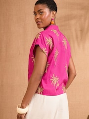 Love & Roses Pink Palm Tie Front Short Sleeve Shirt - Image 4 of 4