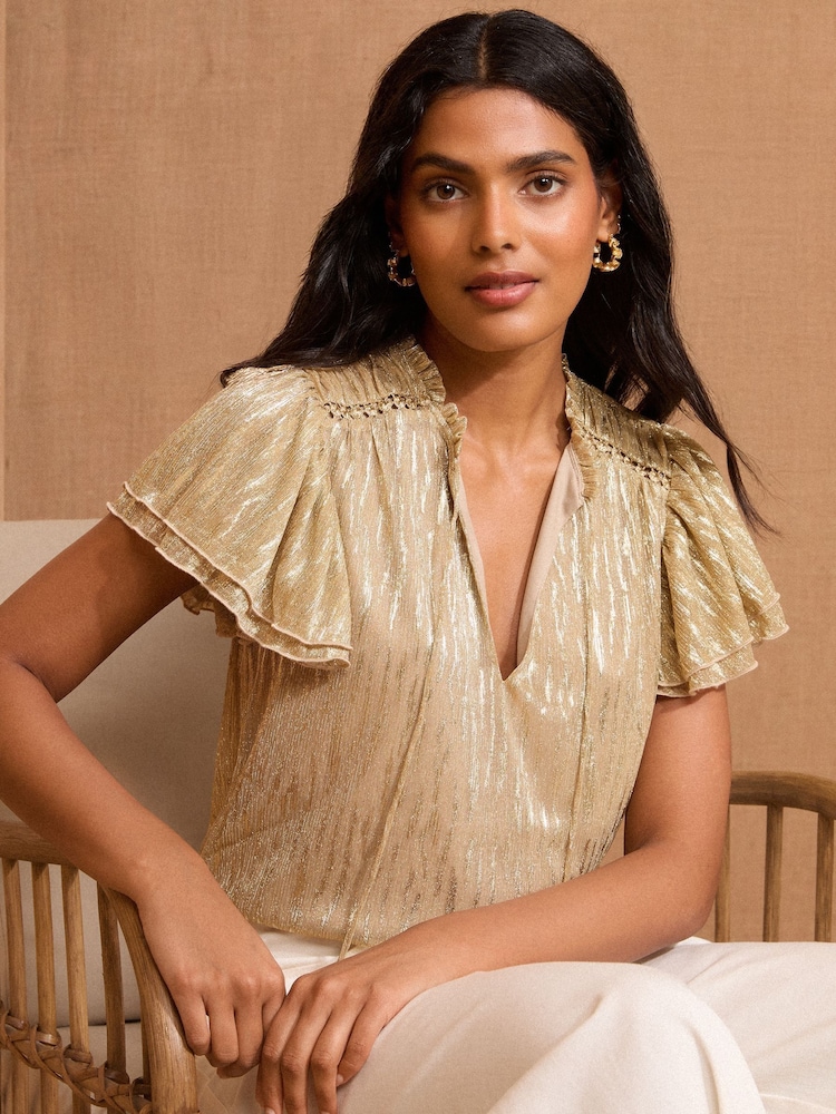 Love & Roses Gold Jersey Frill Sleeve Top - Image 1 of 4