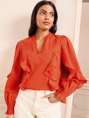 Love & Roses Orange Frill Detail V-Neck Long Sleeve 100% Cotton Blouse - Image 1 of 4