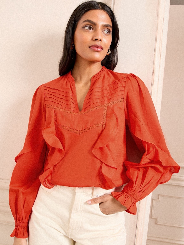 Love & Roses Orange Frill Detail V-Neck Long Sleeve 100% Cotton Blouse - Image 1 of 4