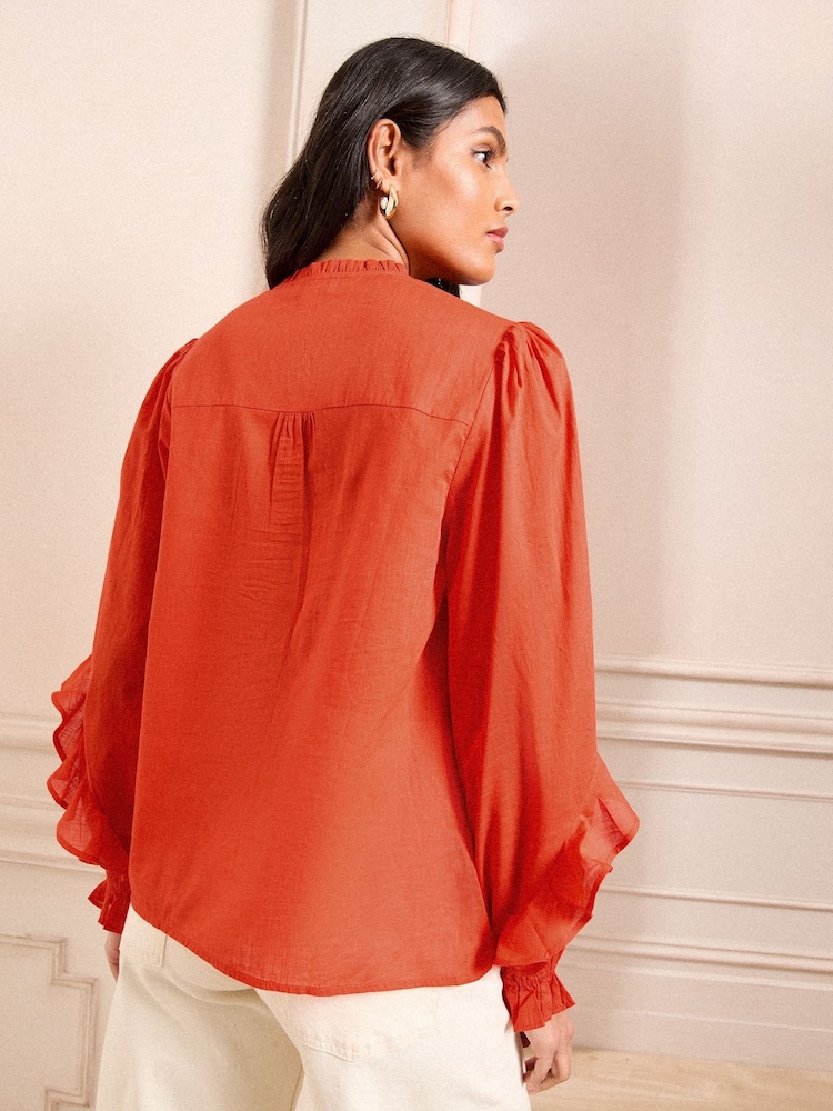 Love & Roses Orange Frill Detail V-Neck Long Sleeve 100% Cotton Blouse - Image 2 of 4