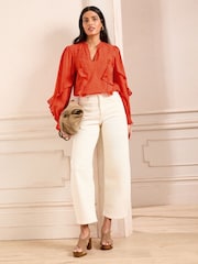 Love & Roses Orange Frill Detail V-Neck Long Sleeve 100% Cotton Blouse - Image 3 of 4