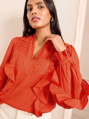 Love & Roses Orange Frill Detail V-Neck Long Sleeve 100% Cotton Blouse - Image 4 of 4