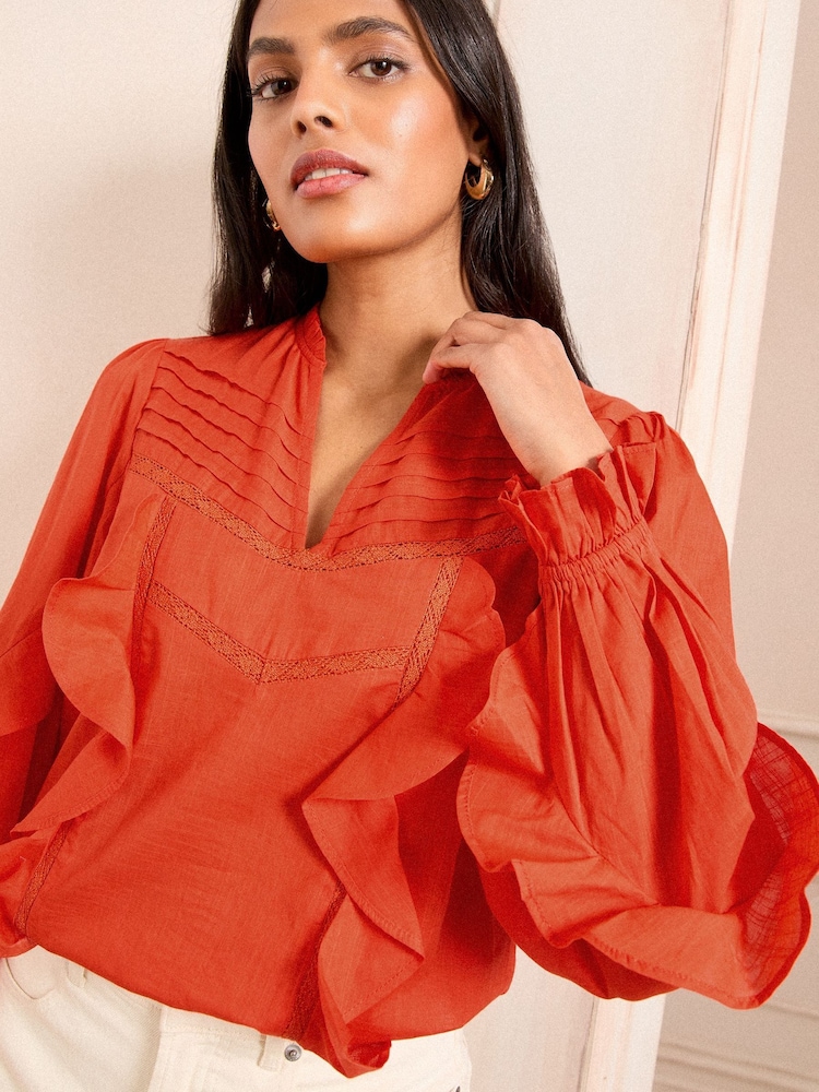 Love & Roses Orange Frill Detail V-Neck Long Sleeve 100% Cotton Blouse - Image 4 of 4