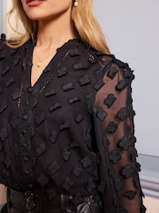 Love & Roses Black 3D Floral Print V-Neck Long Sleeve Blouse - Image 2 of 4