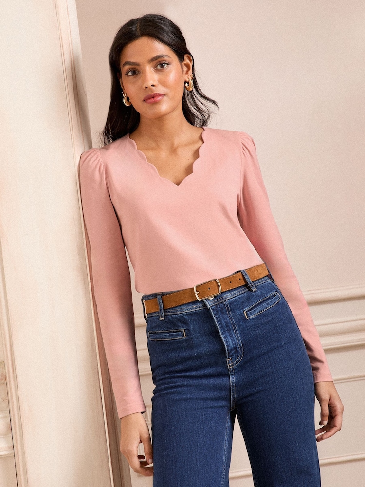Love & Roses Blush Pink Scallop Neck Jersey Long Sleeve Top - Image 1 of 4