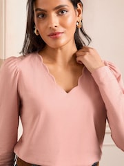 Love & Roses Blush Pink Scallop Neck Jersey Long Sleeve Top - Image 2 of 4