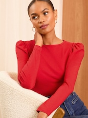 Love & Roses Red Puff Sleeve Jersey Long Sleeve Top - Image 1 of 4