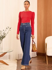 Love & Roses Red Puff Sleeve Jersey Long Sleeve Top - Image 3 of 4