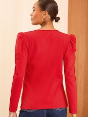 Love & Roses Red Puff Sleeve Jersey Long Sleeve Top - Image 4 of 4