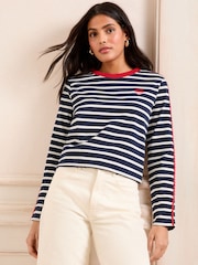 Love & Roses White and Navy Embroidered Stripe Jersey Long Sleeve 100% Cotton Top - Image 1 of 4