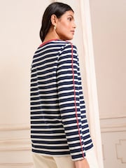 Love & Roses White and Navy Embroidered Stripe Jersey Long Sleeve 100% Cotton Top - Image 2 of 4