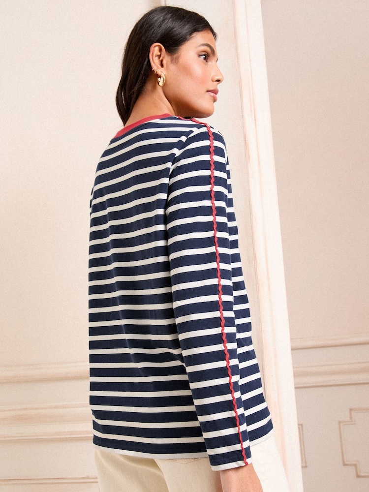 Love & Roses White and Navy Embroidered Stripe Jersey Long Sleeve 100% Cotton Top - Image 2 of 4
