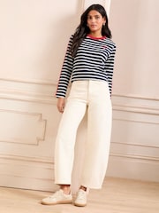 Love & Roses White and Navy Embroidered Stripe Jersey Long Sleeve 100% Cotton Top - Image 3 of 4