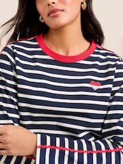 Love & Roses White and Navy Embroidered Stripe Jersey Long Sleeve 100% Cotton Top - Image 4 of 4