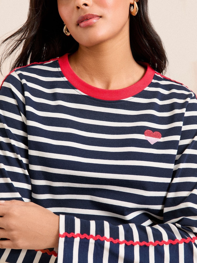 Love & Roses White and Navy Embroidered Stripe Jersey Long Sleeve 100% Cotton Top - Image 4 of 4