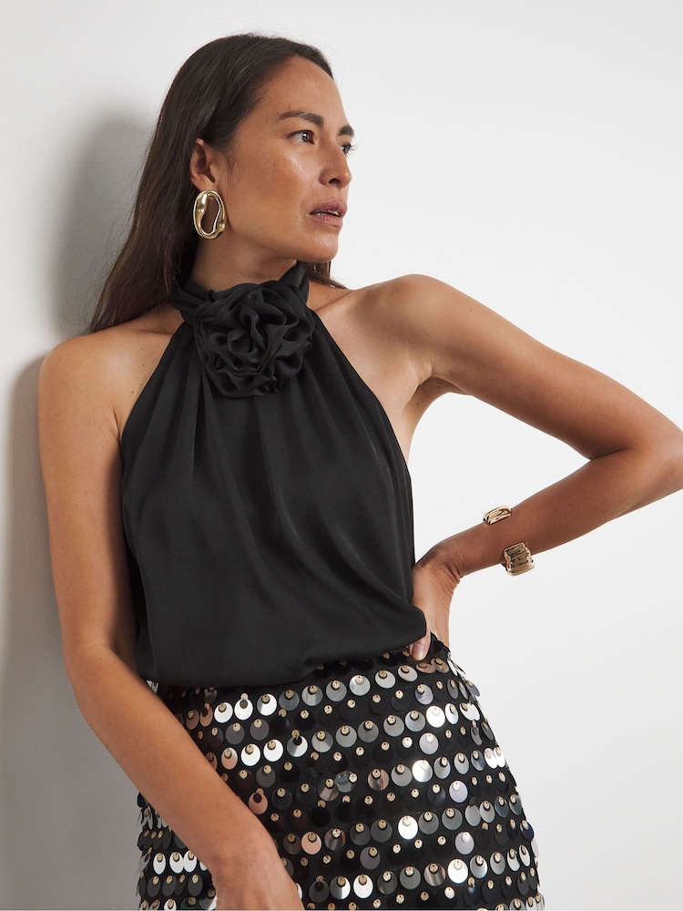 Joanna Hope Corsage Halter Black Neck Top - Imagen 1 de 4