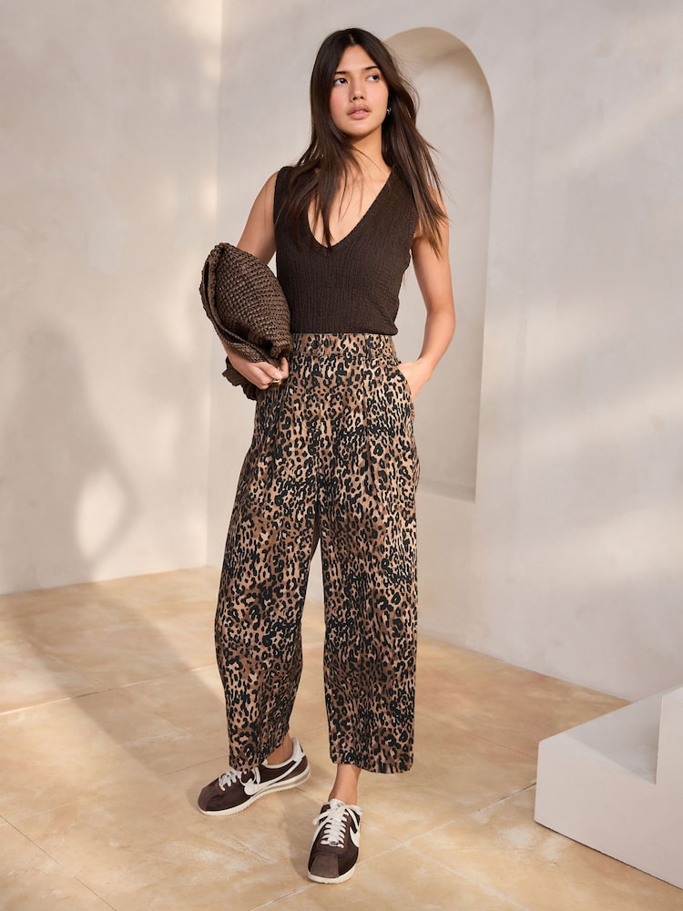 Leopard Print Elasticated Waist Barrel Leg Trousers - Image 1 of 7