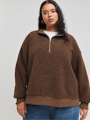 Simply Be Brown Teddy Zip Collar Sweat - Image 1 of 4