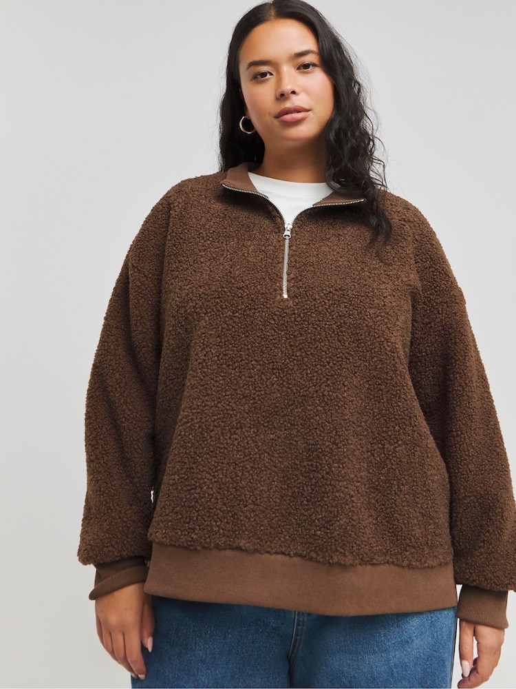 Simply Be Brown Teddy Zip Collar Sweat - Image 1 of 4