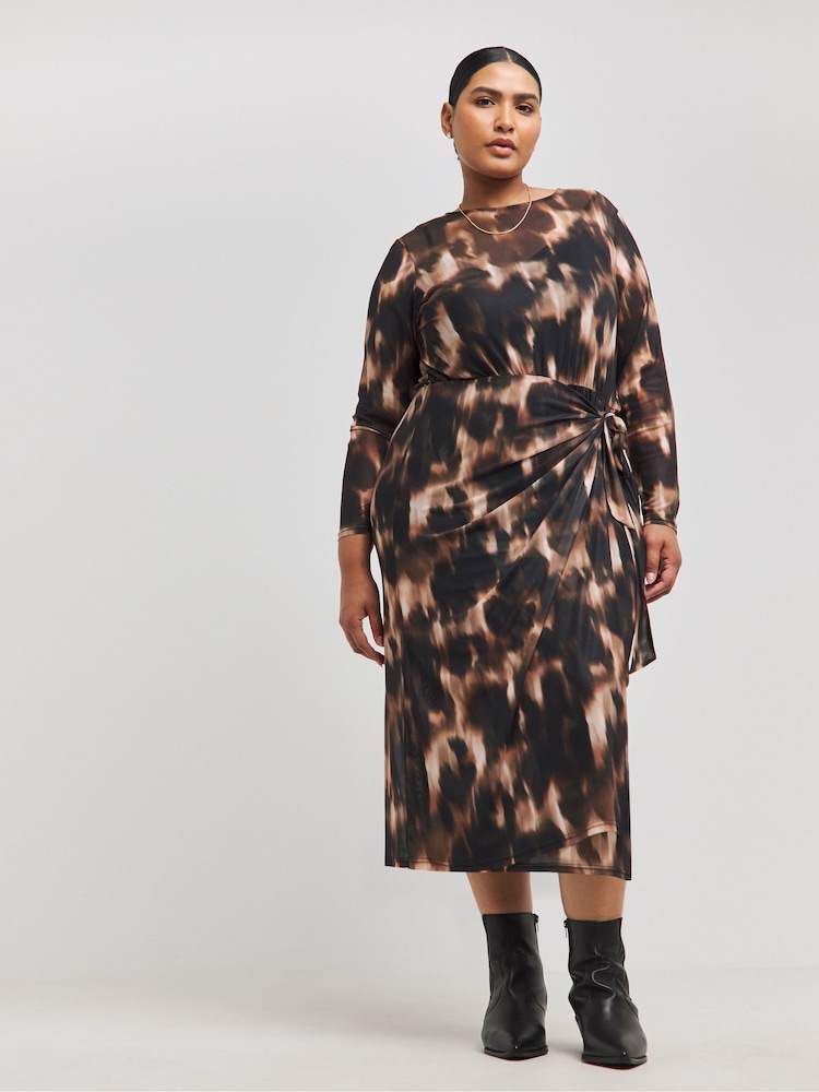 Simply Be Brown Tie Front Mesh Midaxi Dress - Image 1 of 4