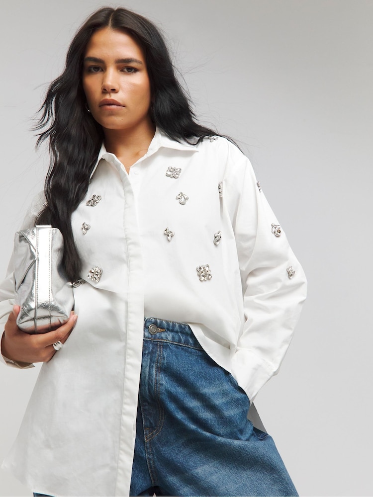 Simply Be White Oversized Embellished 100% Cotton Shirt - Image 1 of 1 Simply Be White Oversized Embellished 100% Cotton Shirt - Image 1 of 1