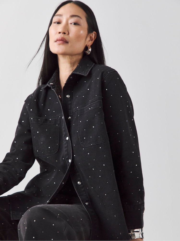 JD Williams Black Oversized  Embellished 100% Cotton Shirt - Image 1 of 4