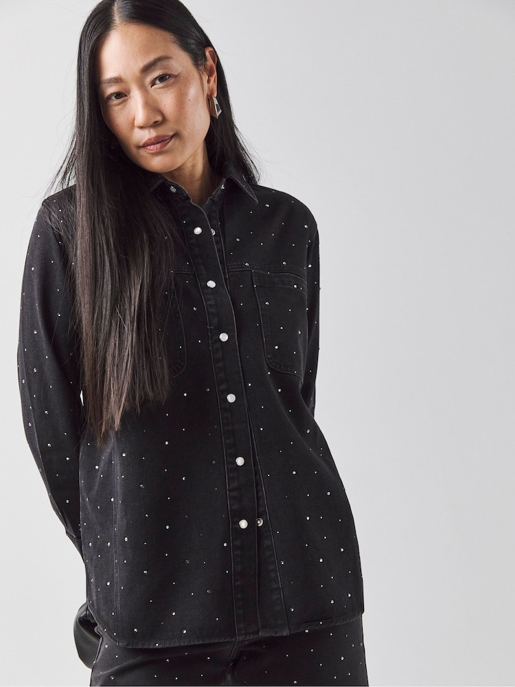 JD Williams Black Oversized  Embellished 100% Cotton Shirt - Image 4 of 4