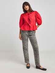 Simply Be Red Bow Front Puff Sleeve Smock Blouse - Image 3 of 4