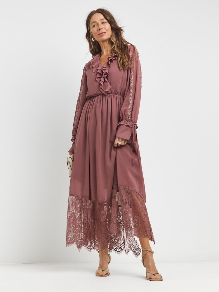 JD Williams Pink Frill Lace Detail Maxi Dress - Image 1 of 4