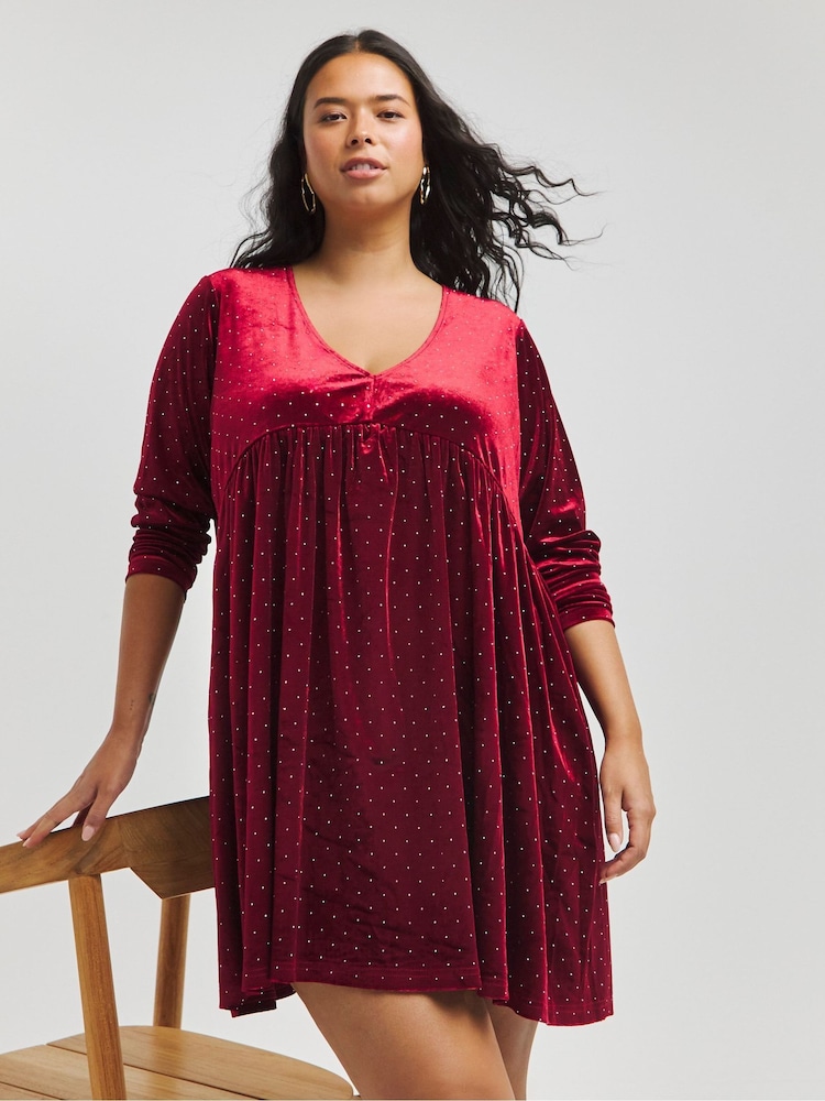 Simply Be Red Velour Hotfix Smock Dress - Image 1 of 4