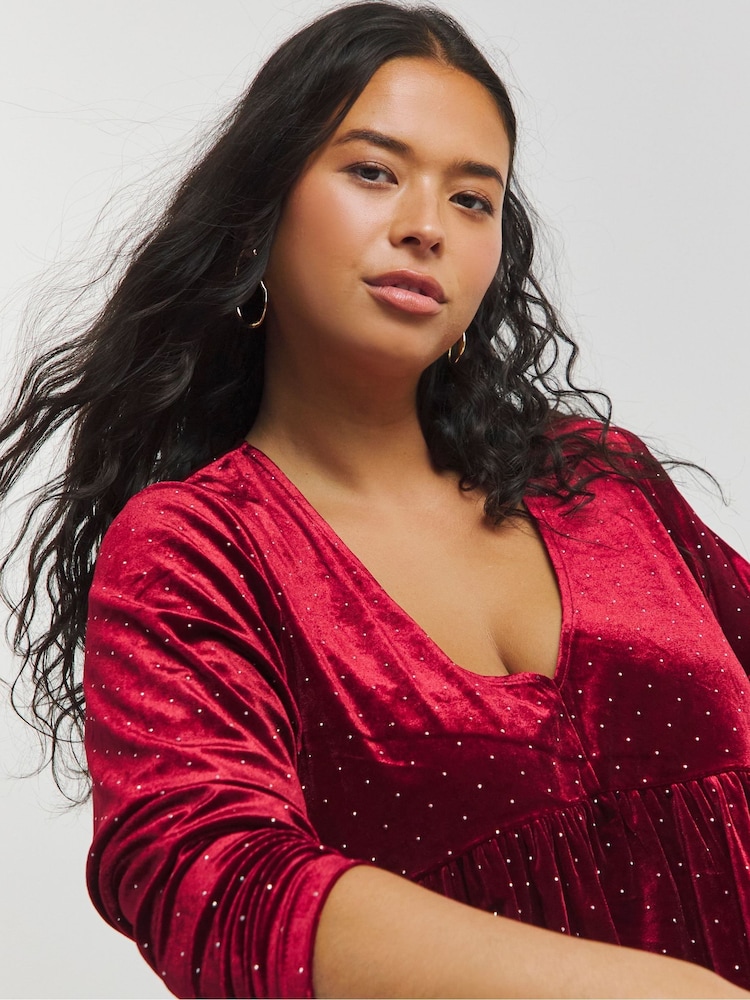Simply Be Red Velour Hotfix Smock Dress - Image 2 of 4