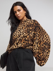 Simply Be Brown Leopard Print Collared Blouse - Image 1 of 4