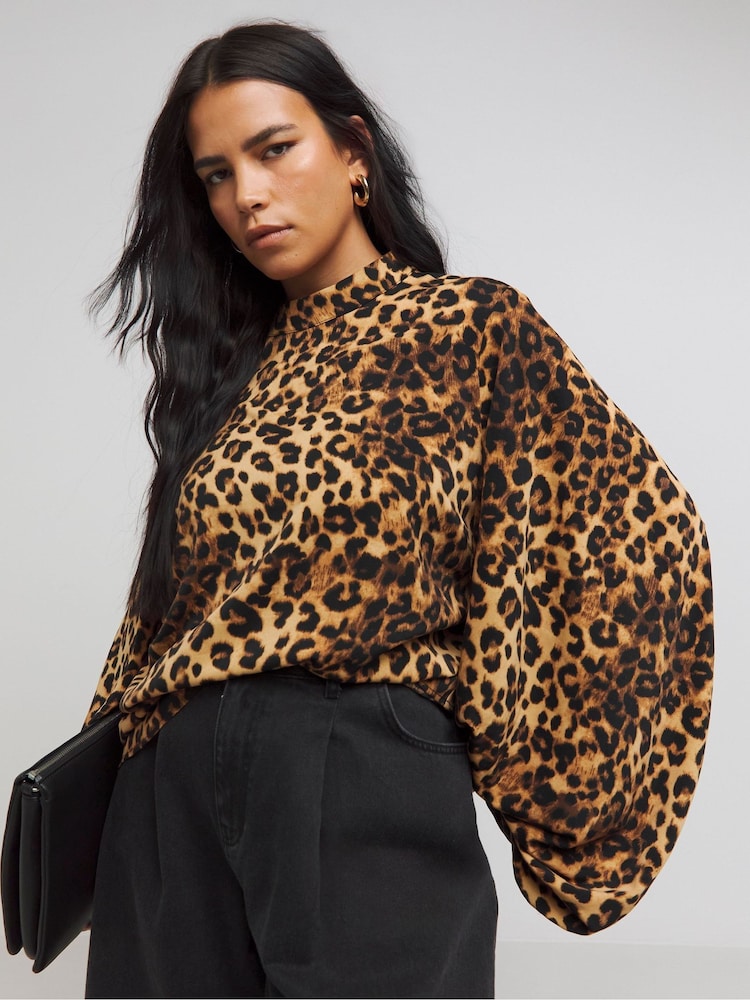 Simply Be Brown Leopard Print Collared Blouse - Image 1 of 4 Simply Be Brown Leopard Print Collared Blouse - Image 1 of 4
